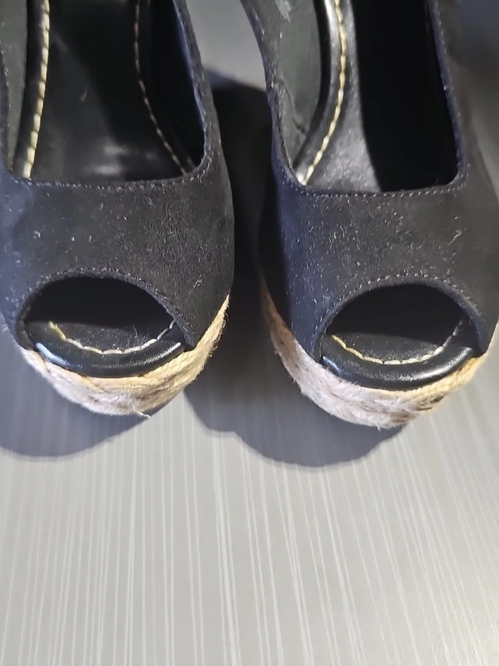 BRASH Black Suede Peep Toe Sling Back‎ Wedge Shoes Women's 5 Excellent PreOwned
